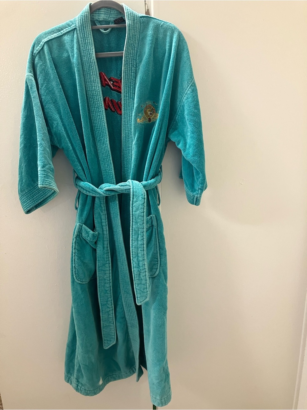 Vintage 80s Sea Hunt Promo Terry Cloth Robe Teal Embroidered MGM Crest Sz L.